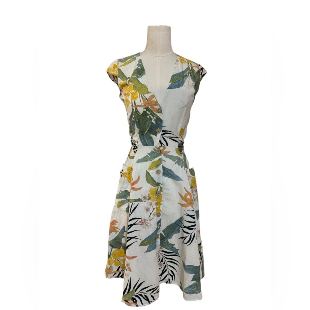 Zara Basic 100% Linen Tropical Floral Button Dress XS - Picture 3 of 9